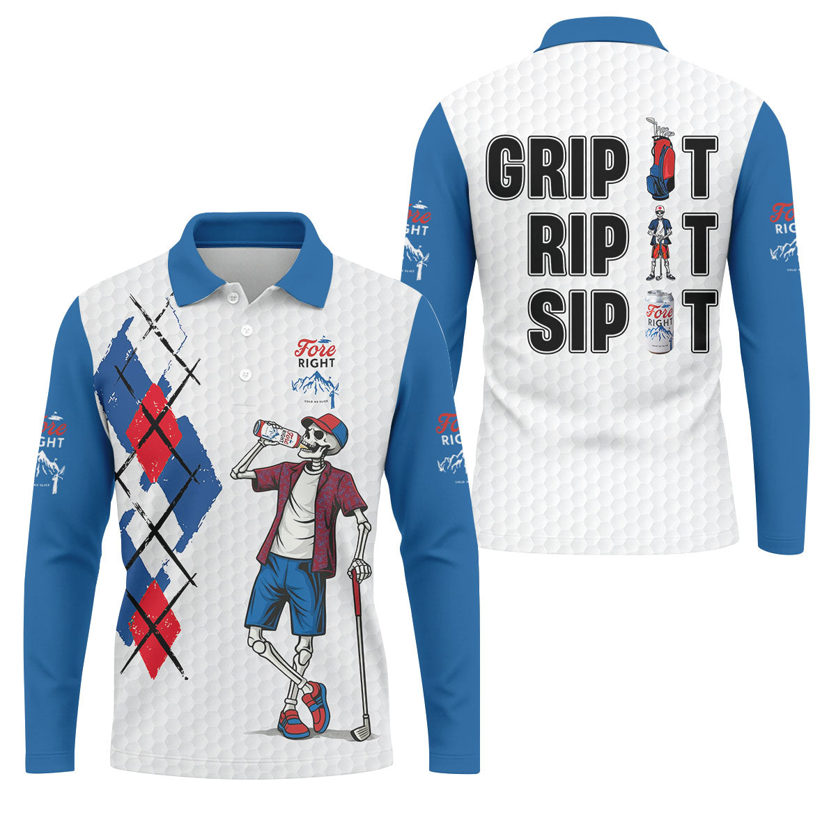 Fore Right Funny Skeleton Golf And Beer Red White Men's Funny Golf Shirts, Polo Shirts For Men