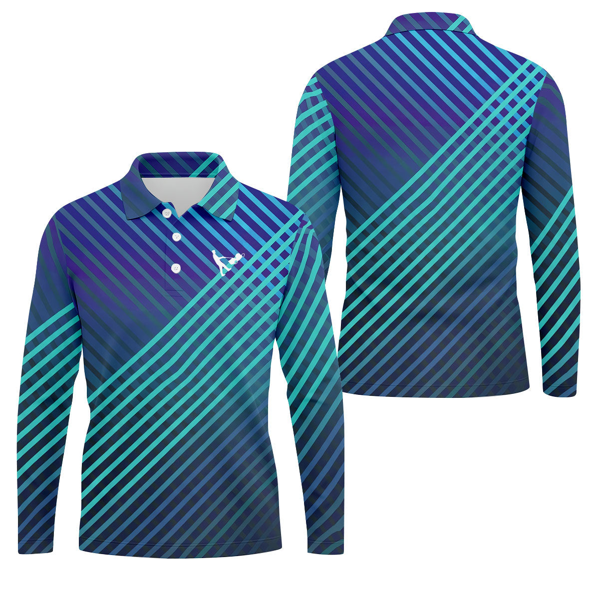 Teal And Purple Striped Pattern Golf Tops For Men, Performance Golf Shirt, Polo Shirts For Men