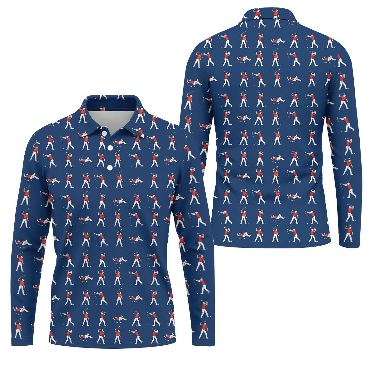 Cartoon Figures Golf Pose Navy Golf Shirt, Golf Tops For Men, Polo Shirts For Men, Golf Shirts For Men