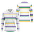 Mardi Gras Purple Green Gold Stripe Pattern Golf Tops For Men, Men's White Polo, Golf Shirts For Men