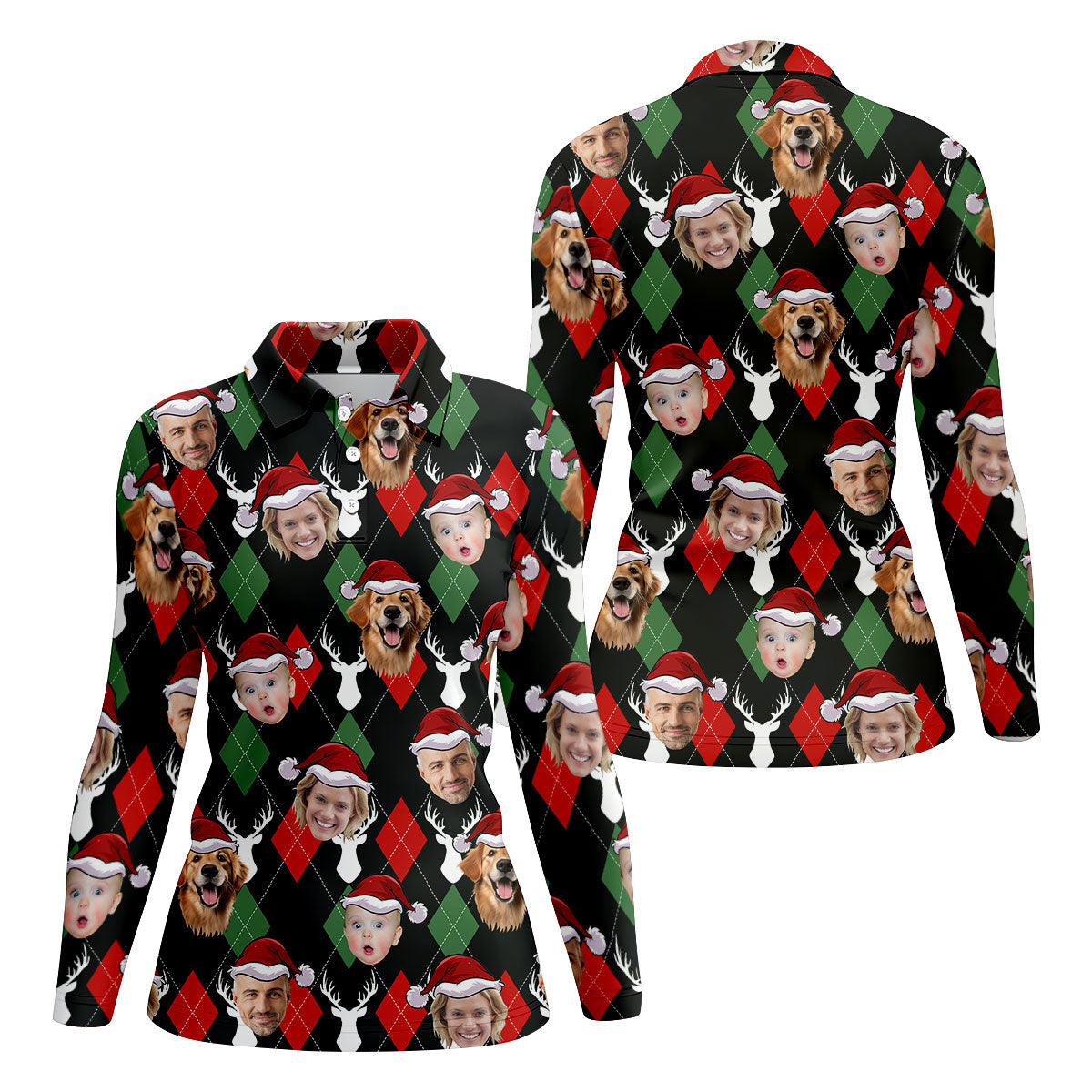 Custom Face Red And Green Argyle Pattern Christmas Women's Golf Tops, Ladies Golf Shirts, Christmas Golf Gift