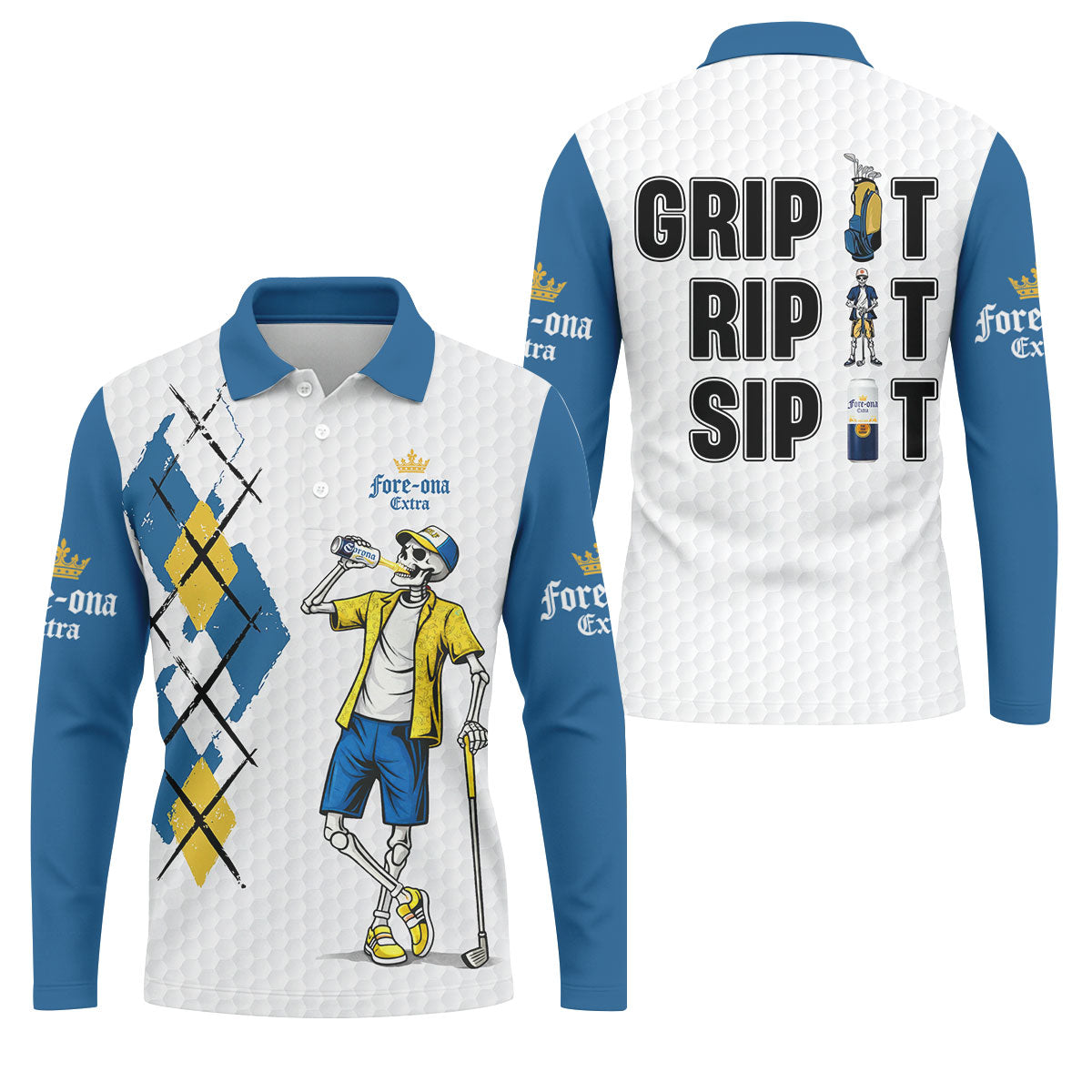 Fore-Ona Extra Blue Yellow Skeleton Golfer Beer Polo Shirt, Mens Golf Polo, Golf Apparel For Men