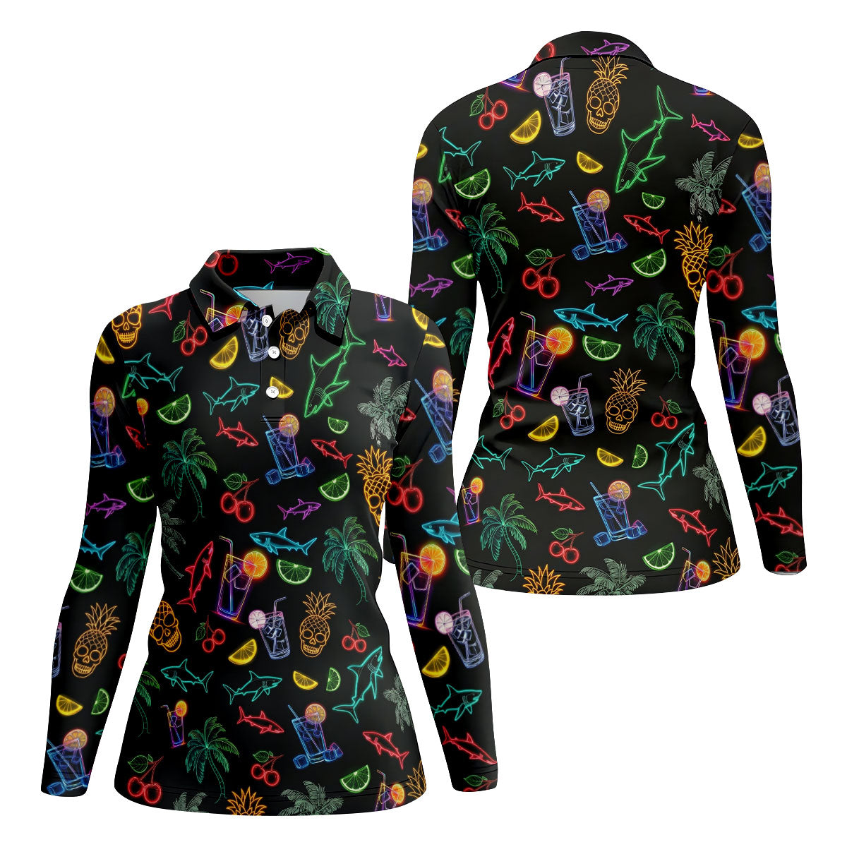 Neon Shark And Cocktail Pattern Hawaiian Golf Shirt, Women's Golf Tops, Ladies Golf Shirts
