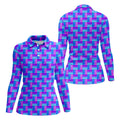 Purple Blue Gradient Checkered Pattern Golf Shirt, Ladies Golf Shirts, Women’s Golf Apparel, Printed Golf Shirt