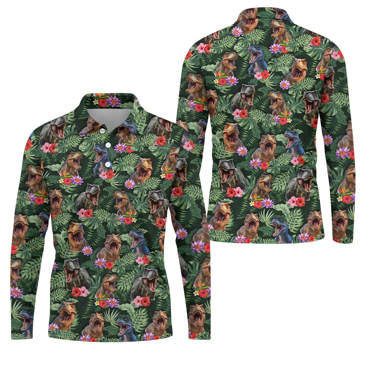 Tropical T Rex Floral Pattern Hawaiian Golf Polo, Golf Tops For Men, Golfing Apparel