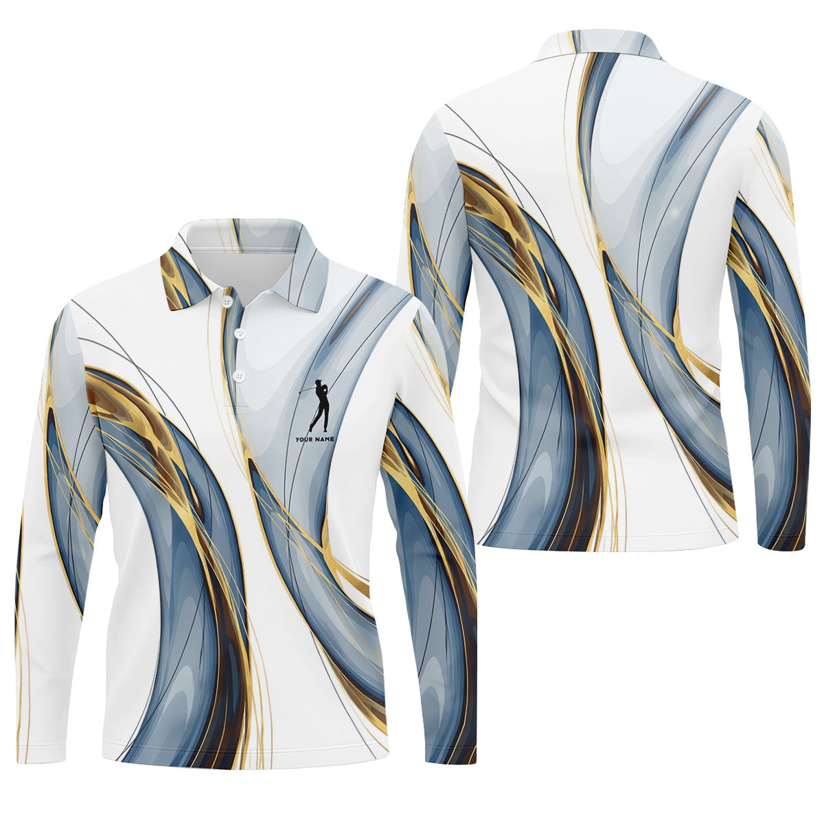 Elegant Blue Gray and Gold Swirl Pattern Hawaiian Golf Polo, Golf Tops For Men, Golfing Apparel