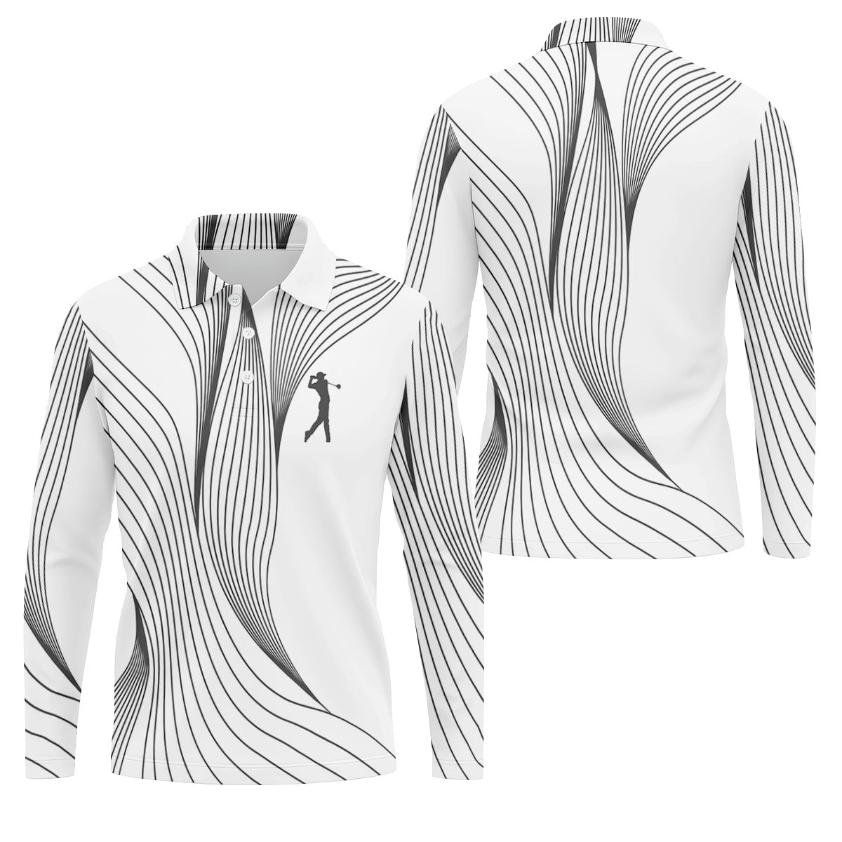Geometric Line Wavy Line Black And White Golf Shirts For Men, Men's Golf Shirt, Polo Shirts For Men