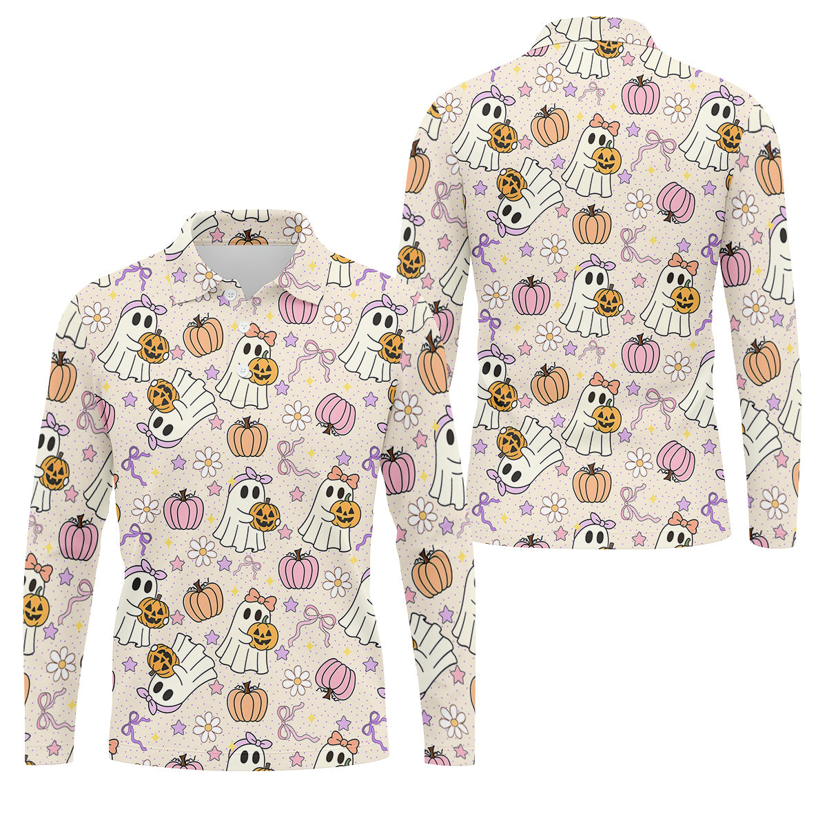 Halloween Seamless Pattern Cute Golf Shirt, Retro Halloween Polo Shirts For Men, Golfing Apparel