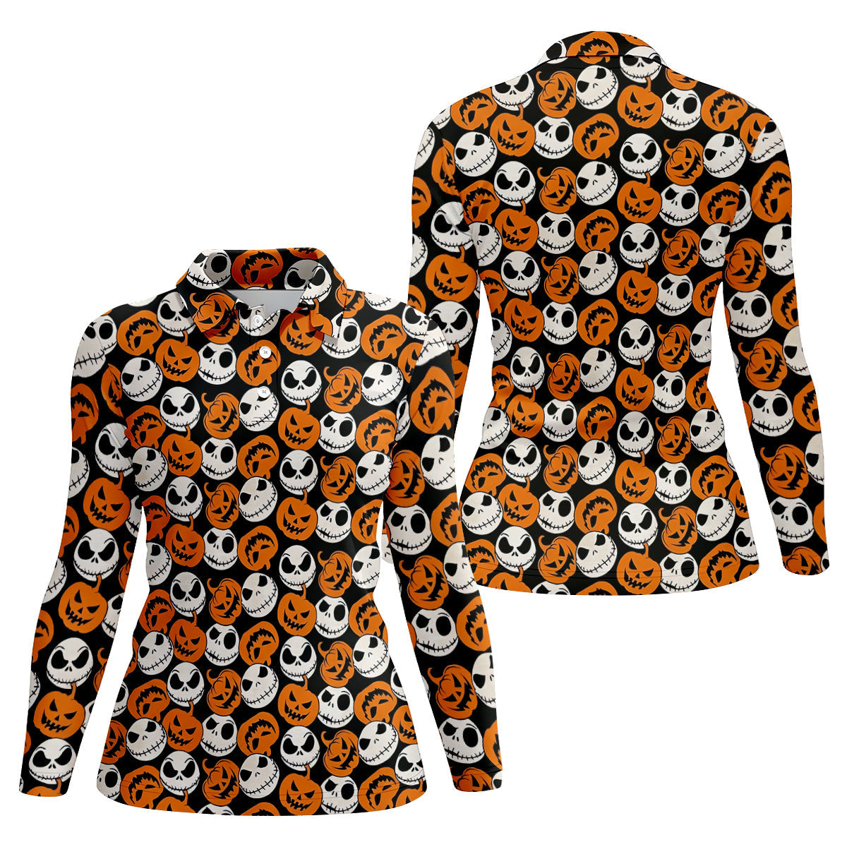Halloween Skull Pumpkin Pattern Golf Polo Shirt, Ladies Golf Tops, Golf Shirts For Women
