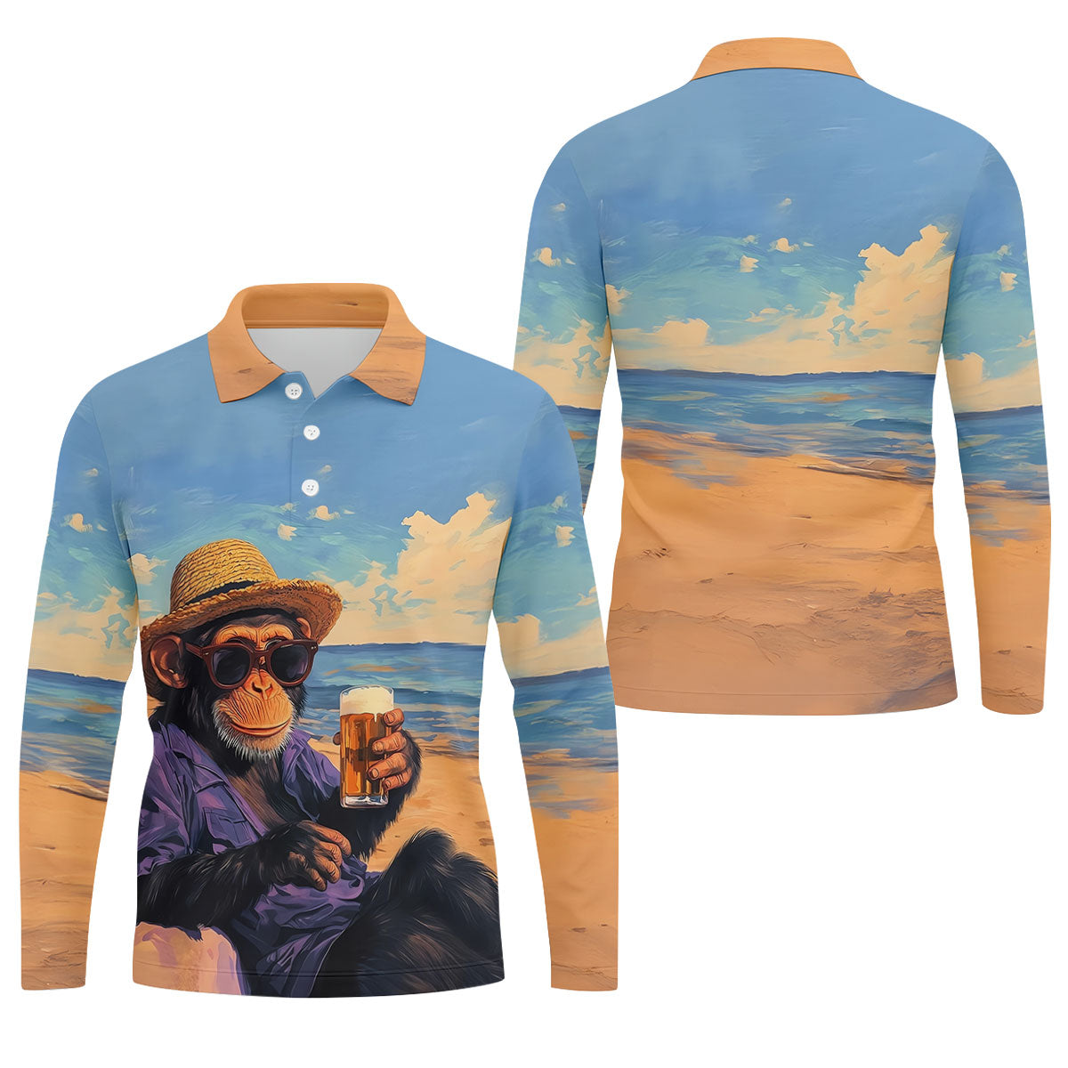 Beach Monkey Sky Sand Hawaiian Golf Polo, Golf Tops For Men, Golfing Apparel