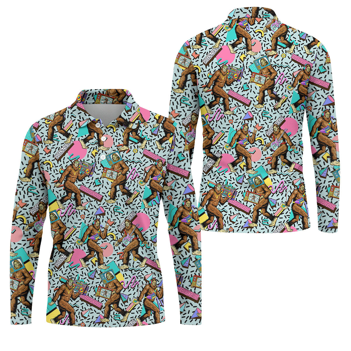 Bigfoot Pop Culture Pattern with Retro TV Sets Design Design Hawaiian Golf Polo, Golf Tops For Men, Golfing Apparel