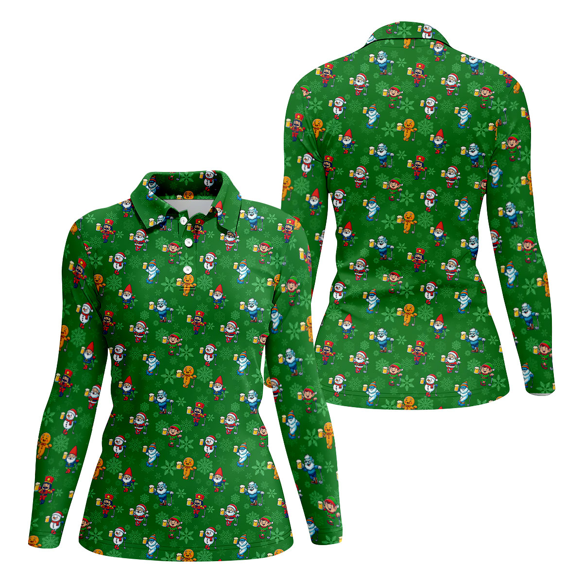 Christmas Characters Golf And Beer Green Women's Funny Golf Shirts, Christmas Golf Shirt, Polo Shirts For Women