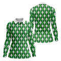 St Patrick's Day Shamrock Argyle Pattern Green And White Argyle Golf Shirt, Women's Golf Tops, Ladies Golf Polos