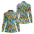 Comic Pattern Hawaiian Golf Shirt, Retro Style Women's Golf Tops, Ladies Golf Shirts