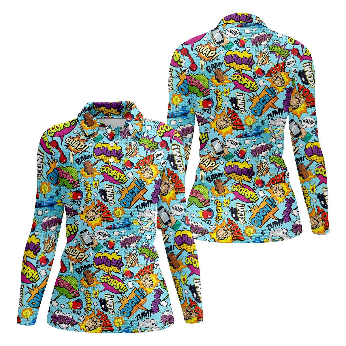 Comic Pattern Hawaiian Golf Shirt, Retro Style Women's Golf Tops, Ladies Golf Shirts