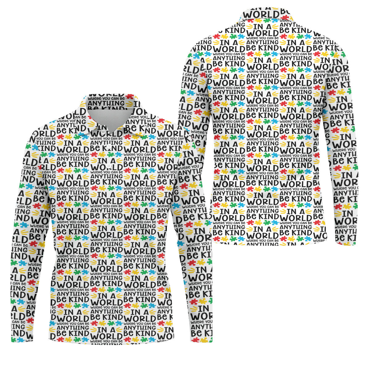 In A World Where You Can Be Anything Be Kind Autism Awareness Puzzle Pattern White Golf Shirt, Polo Shirts For Men