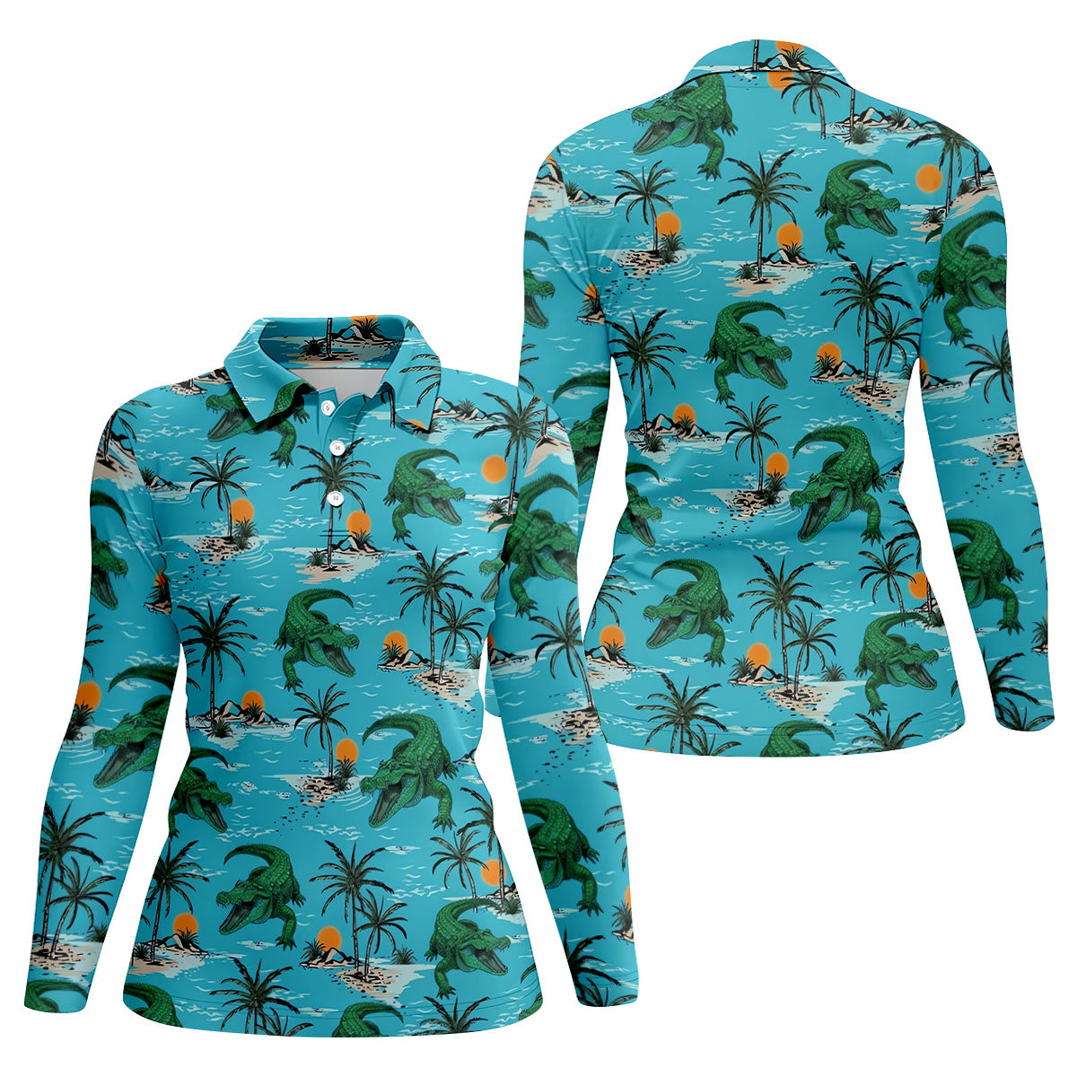 Tropical Alligators on Island Beaches Hawaiian Golf Polo, Golf Tops For Women, Golfing Apparel
