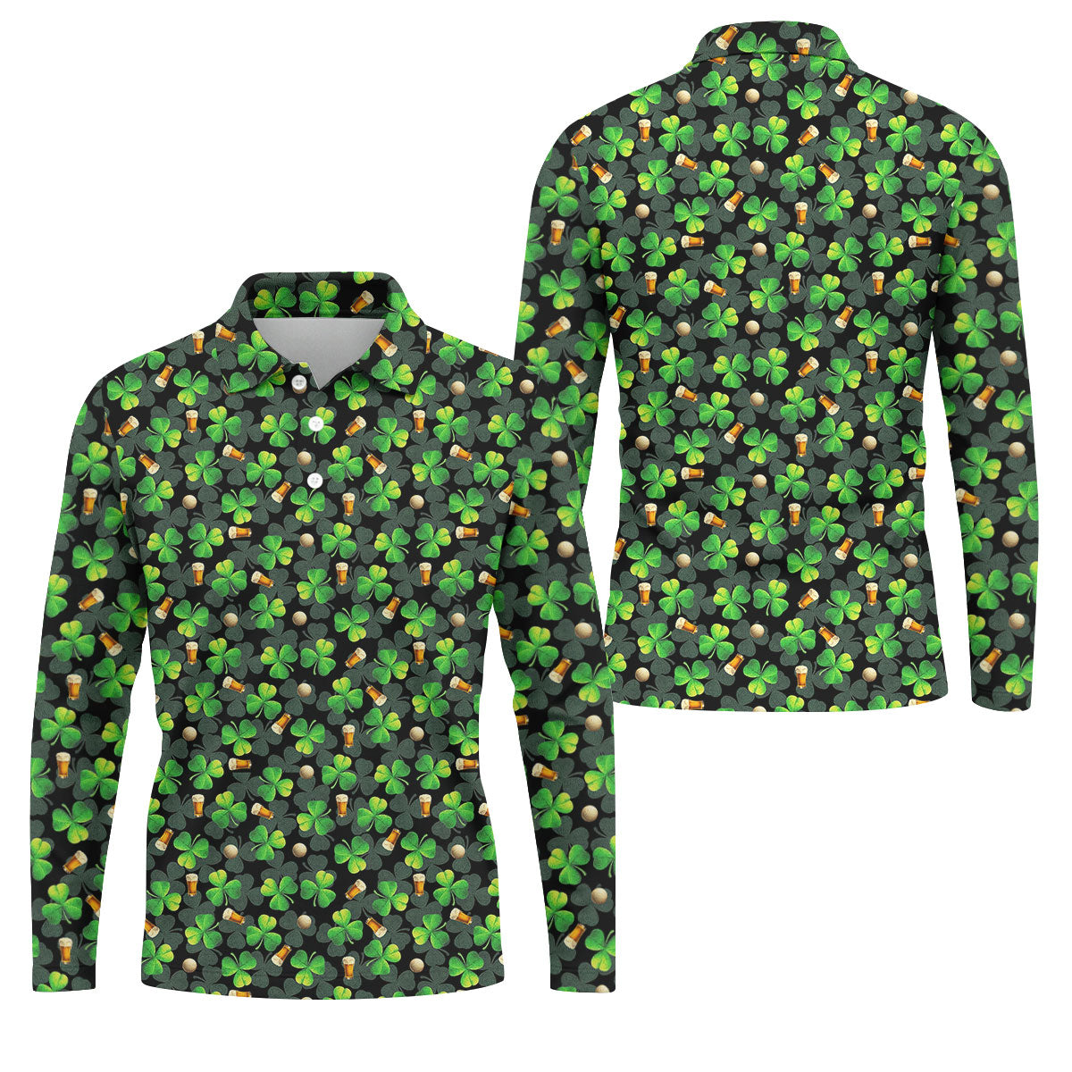 St Patrick's Day Beer Golf Ball Pattern Shamrock Golf Shirt, Polo Shirts For Men, Golf Shirts For Men