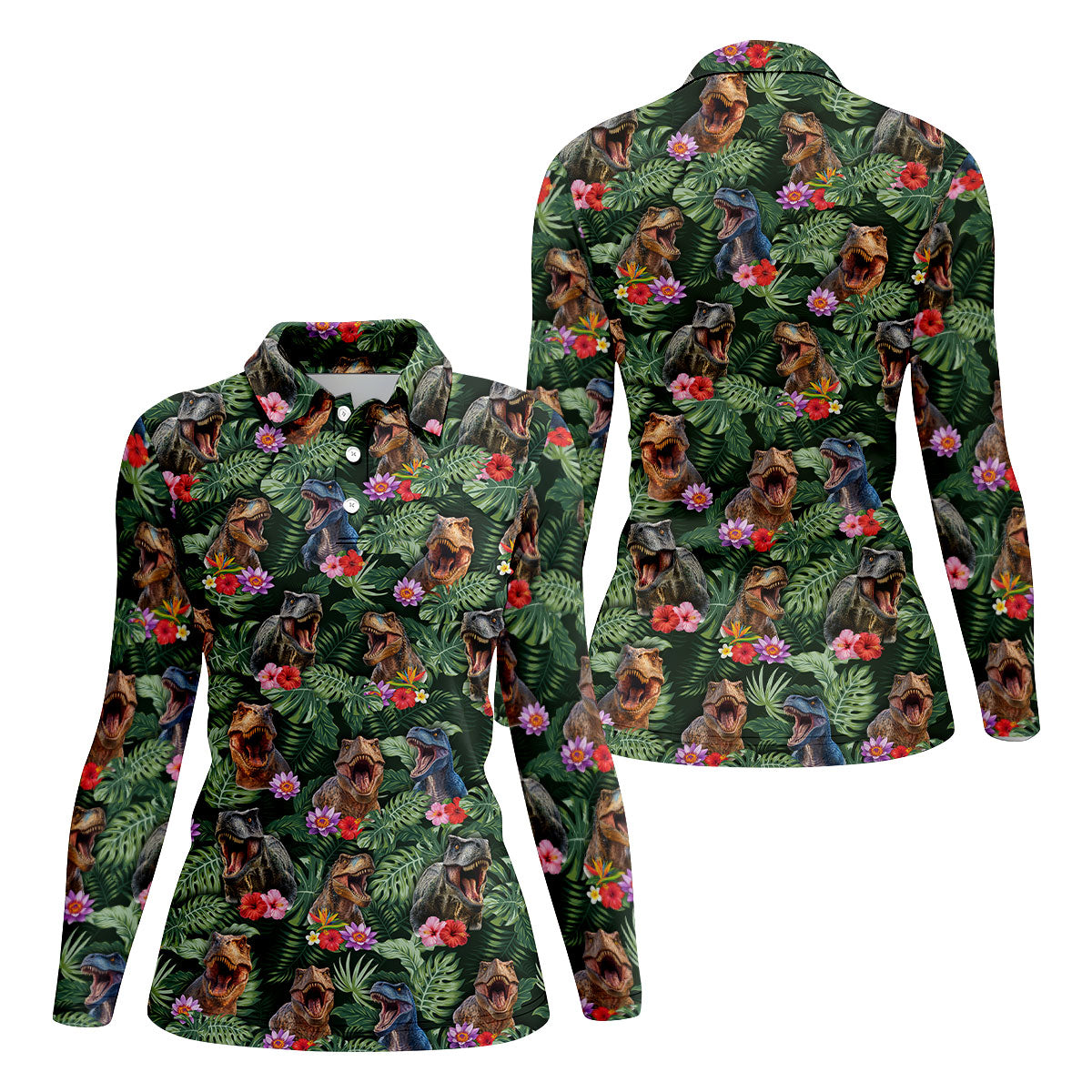 Tropical T Rex Floral Pattern Hawaiian Golf Polo, Golf Tops For Women, Golfing Apparel