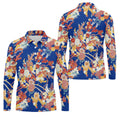 Royal Blue Japanese Floral Pattern Golf Shirt, Mens Golf Apparel, Printed Golf Shirts