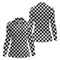 Black White Checkerboard Racing Pattern Golf Shirt, Ladies Golf Shirts, Golf Polo For Women, Performance Golf Shirt
