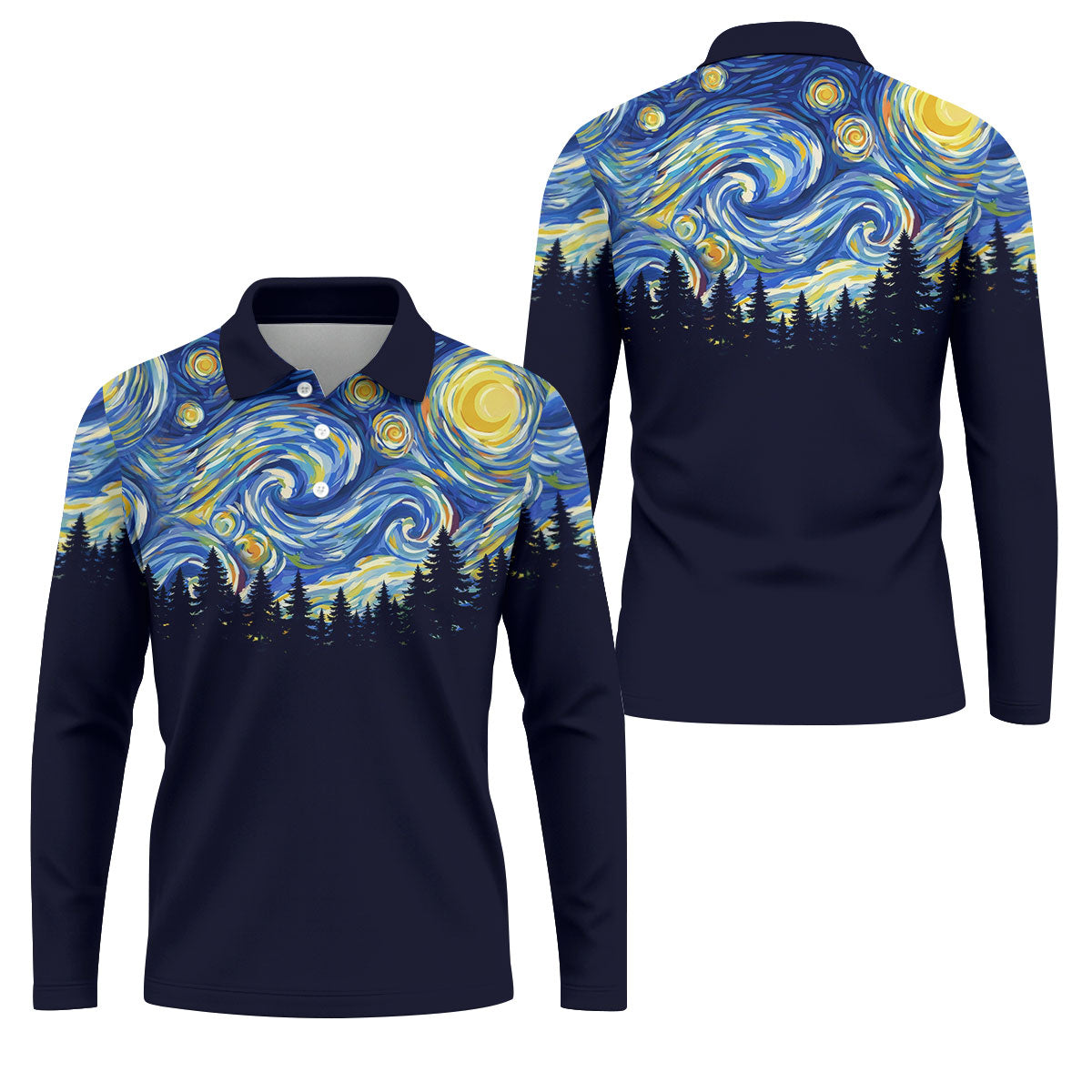 Van Gogh Inspired Starry Night Forest Hawaiian Golf Polo, Golf Tops For Men, Golfing Apparel