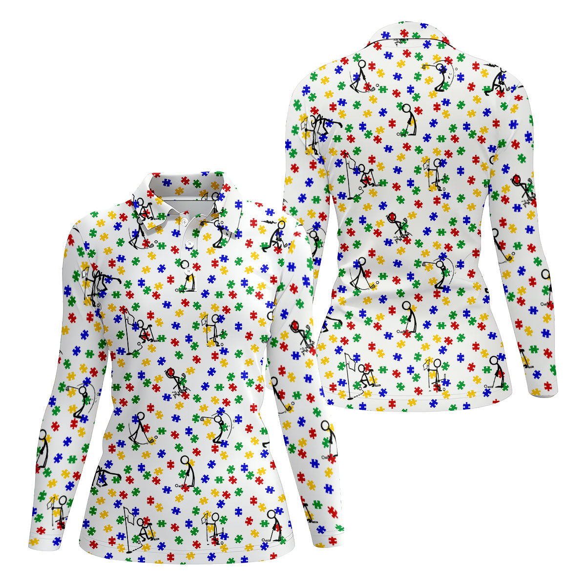 Funny Stick Figure Autism Puzzle Polo Shirts For Women, Autism Awareness Golf Shirt, Ladies Golf Shirt