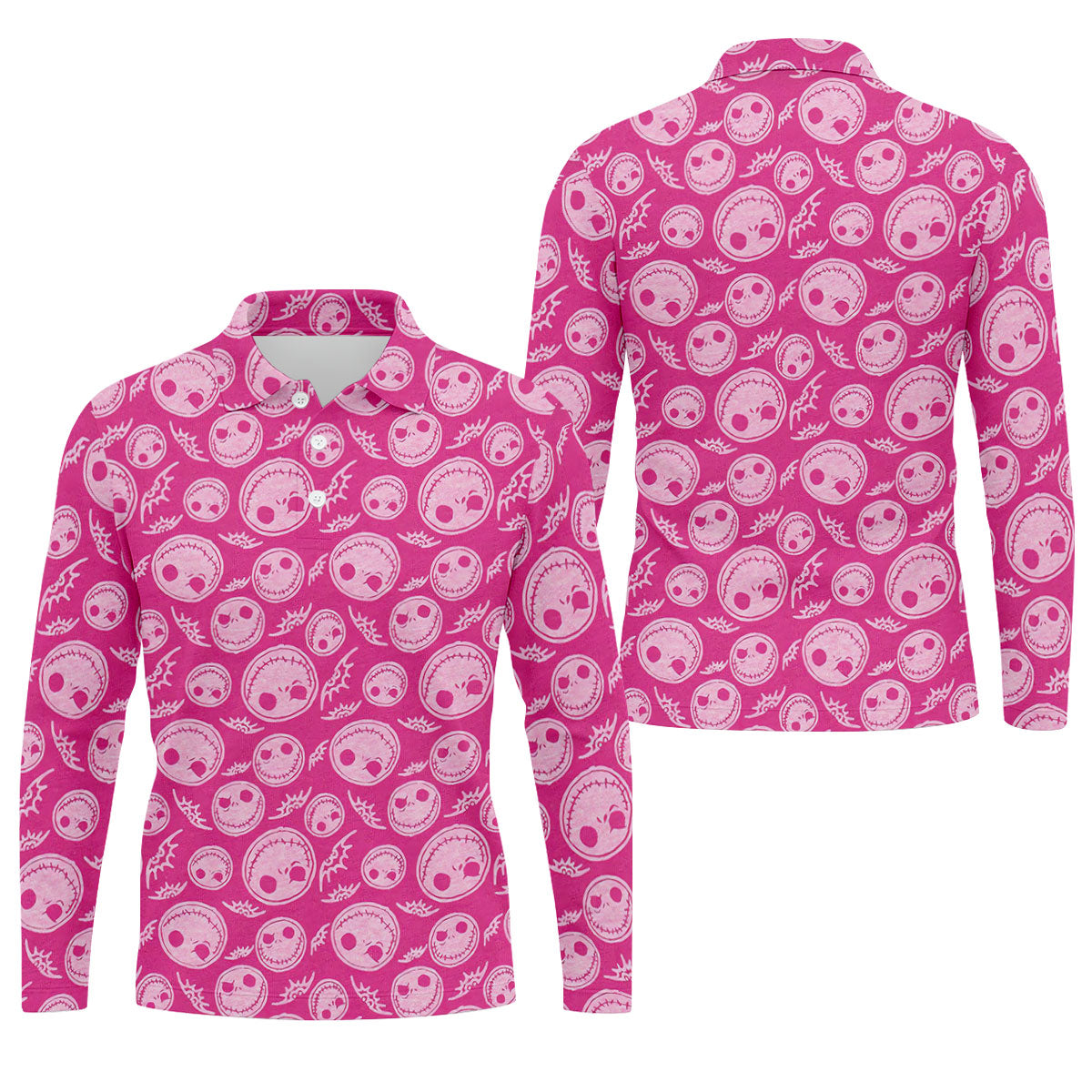 Pink Stitched Skull Halloween Golf Polo Shirt, Golf Shirts For Men, Mens Golf Apparel