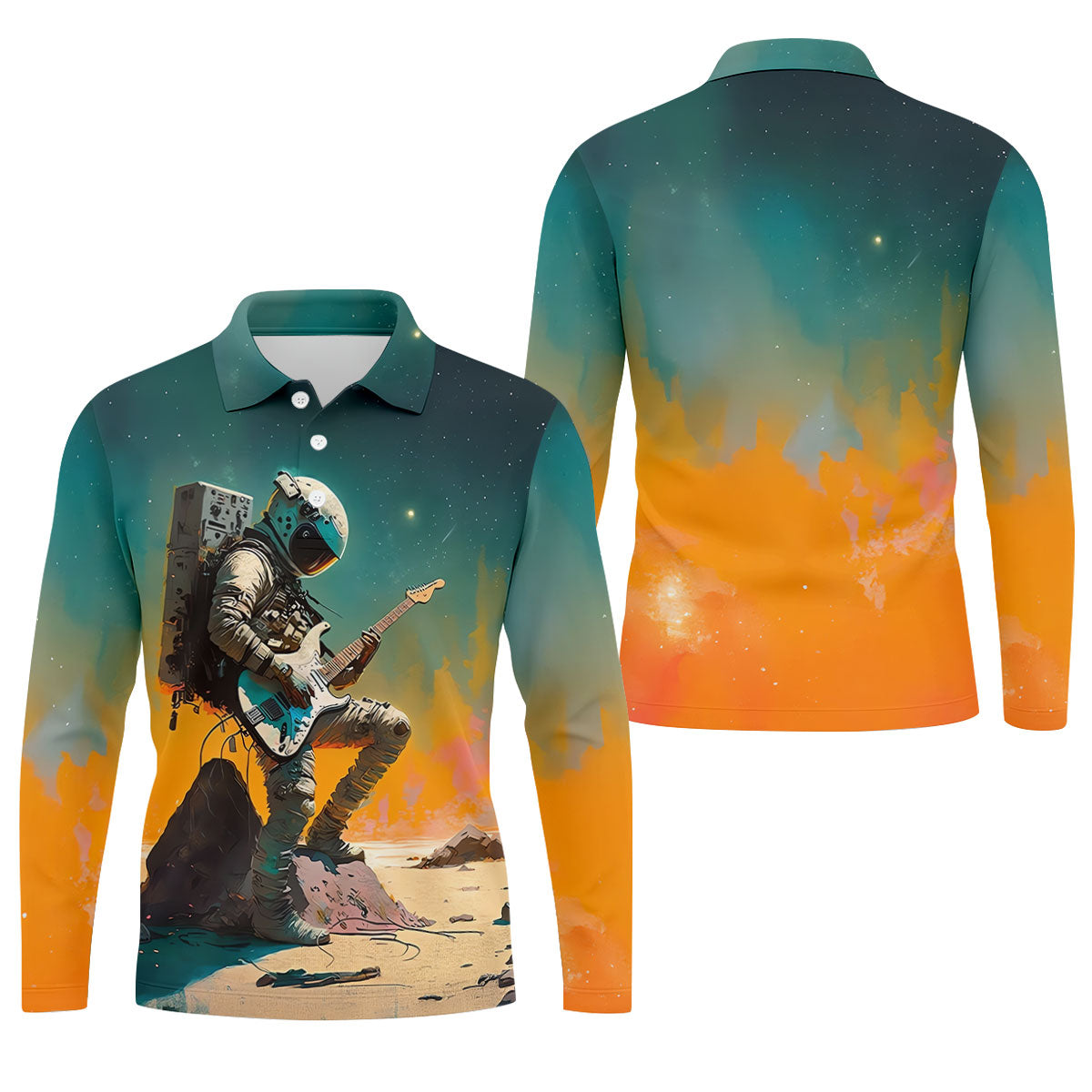 Astronaut Rock Guitar Teal Sunset Hawaiian Golf Polo, Golf Tops For Men, Golfing Apparel