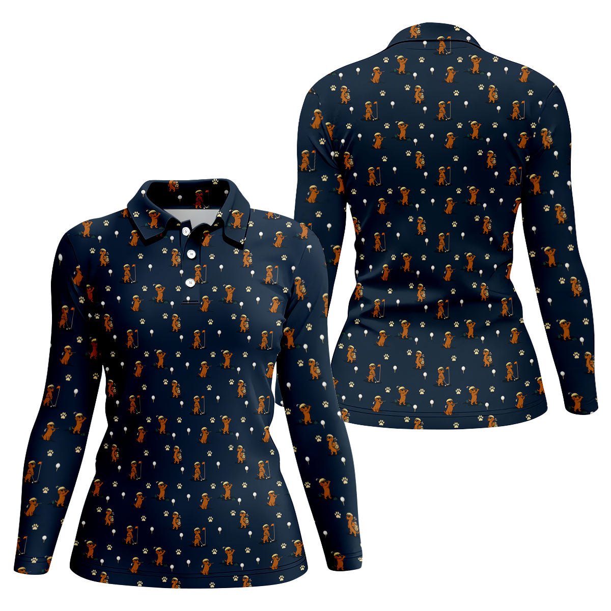 Cartoon Dachshund Golfer Pattern Golf Polo Shirt, Golf Tops For Women, Printed Golf Shirt