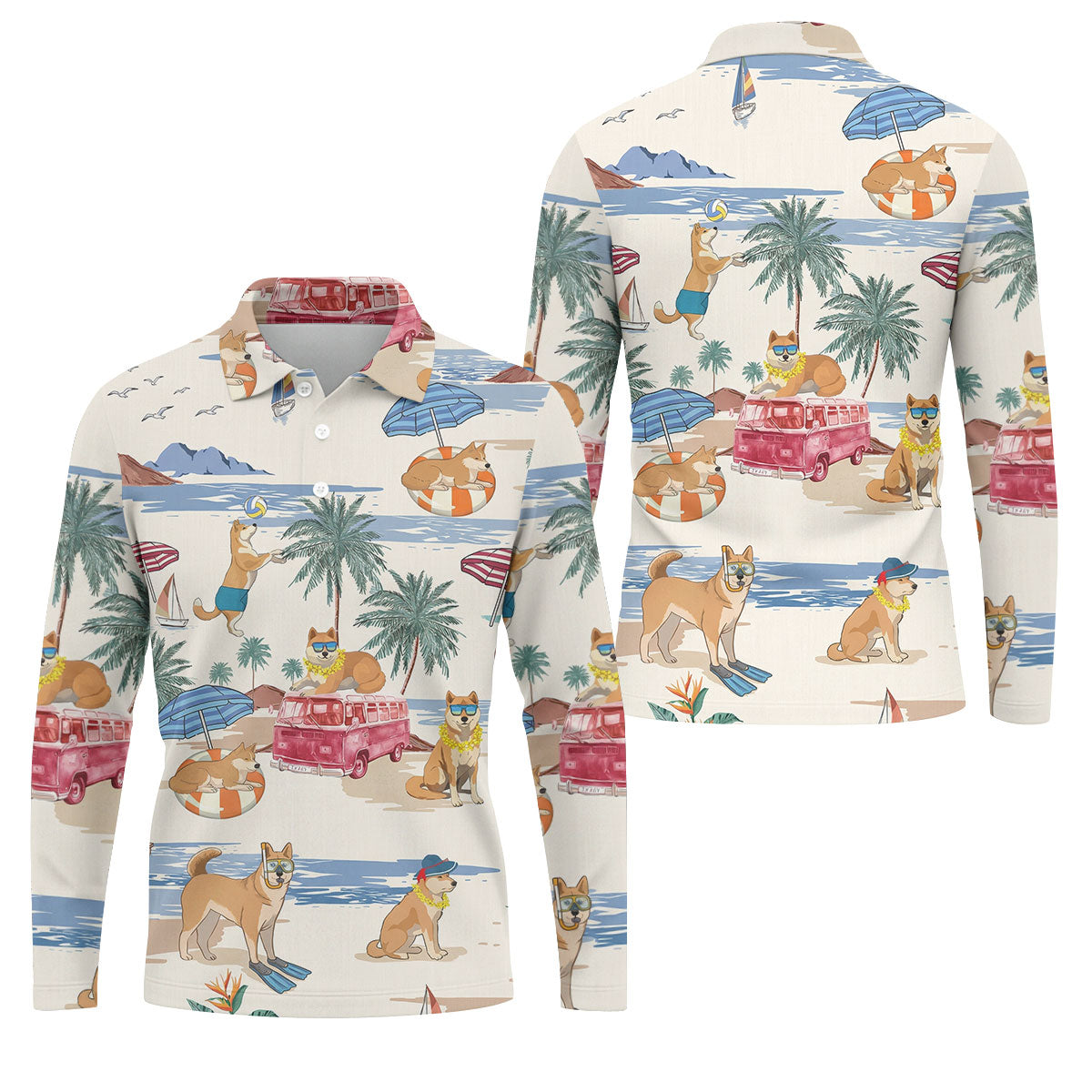 Tropical Shiba Inu Beach Pattern Hawaiian Golf Polo, Golf Tops For Men, Golfing Apparel