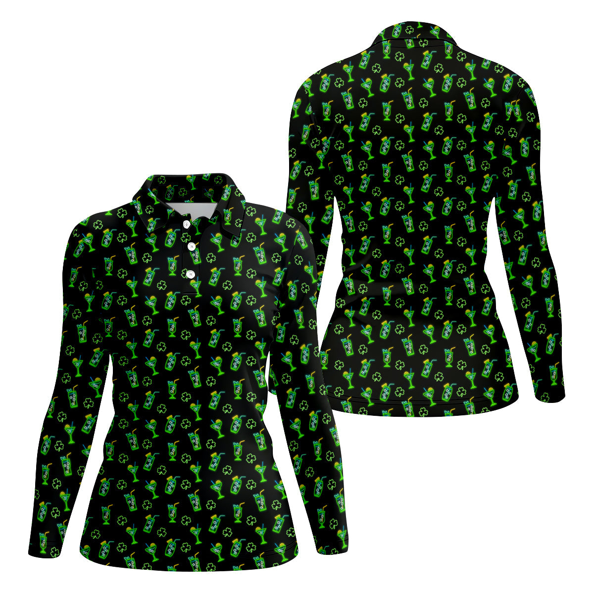 Neon Green Cocktails Three Leaf Clover St Patrick's Day Golf Shirt, Women's Golf Tops, Ladies Golf Shirts