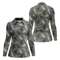 Grey Camo French Bulldog Pattern Golf Shirt, Women's Golf Shirt, Golf Polo For Women, Golf Shirts For Women