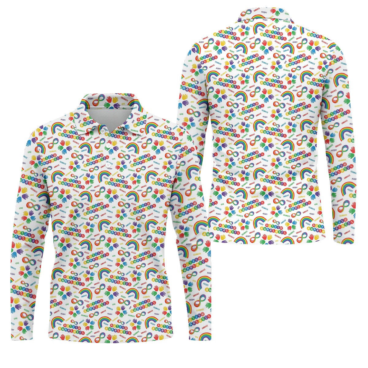 Autism Awareness Rainbow Pattern Colorful Handprints White Golf Shirt, Polo Shirts For Men