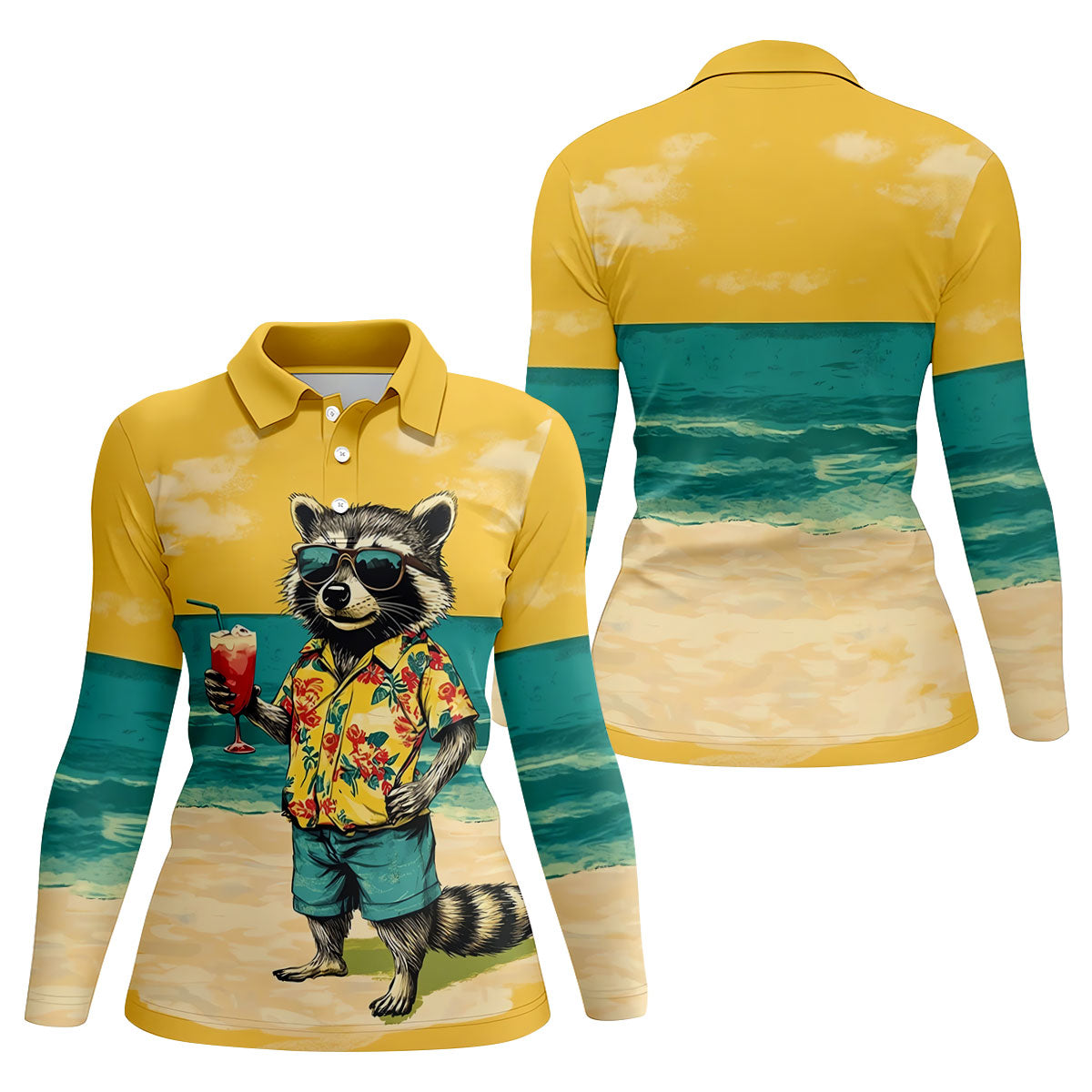 Cool Raccoon Tropical Yellow Hawaiian Golf Polo, Golf Tops For Women, Golfing Apparel