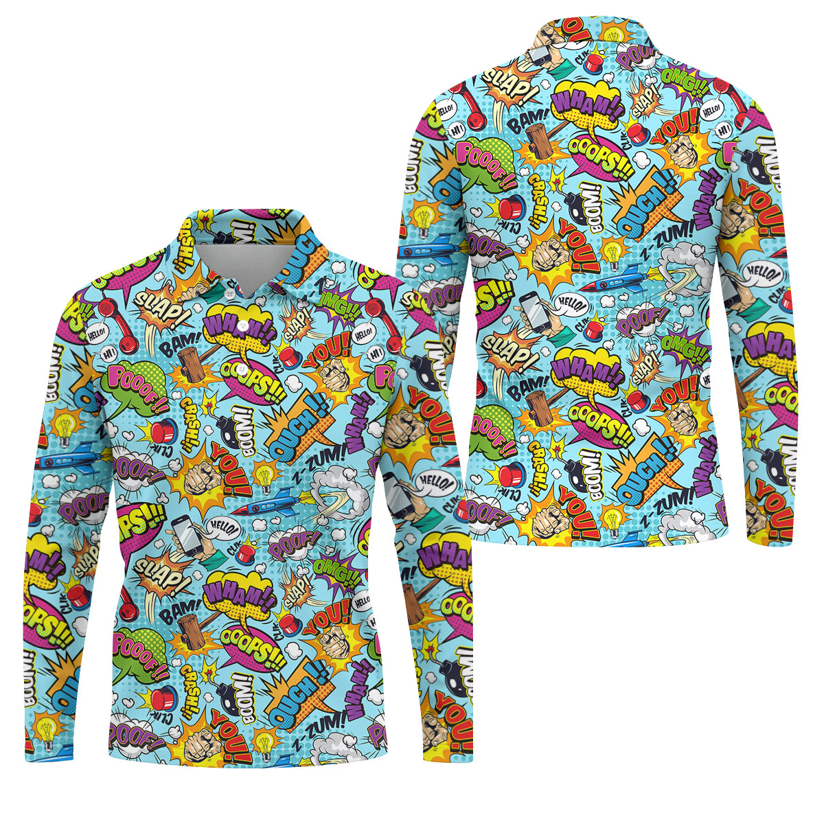 Comic Pattern Hawaiian Golf Shirt, Retro Style Men's Golf Shirt, Polo Shirts For Men