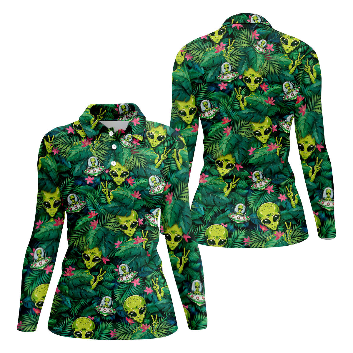 UFO and Alien Tropical Forest Hawaiian Golf Polo, Golf Tops For Women, Golfing Apparel