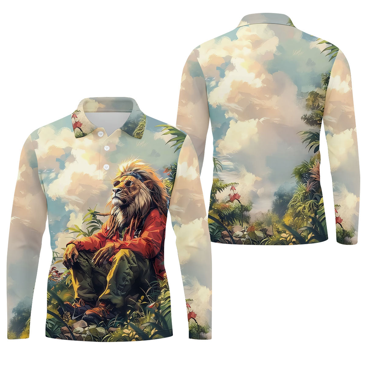 Lion Dreamscape Mist Hawaiian Golf Polo, Golf Tops For Men, Golfing Apparel