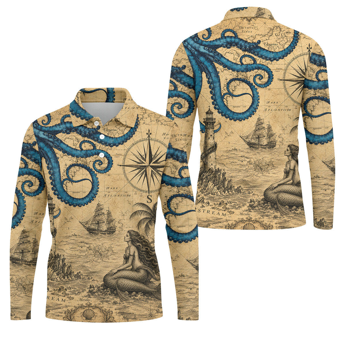 Mermaid Princess Vintage Nautical Hawaiian Golf Shirt, Men's Golf Shirt, Polo Shirts For Men