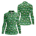 Green Golf Ball And Flag Pattern Golf Shirt, Ladies Golf Shirts , Women's Golf Tops