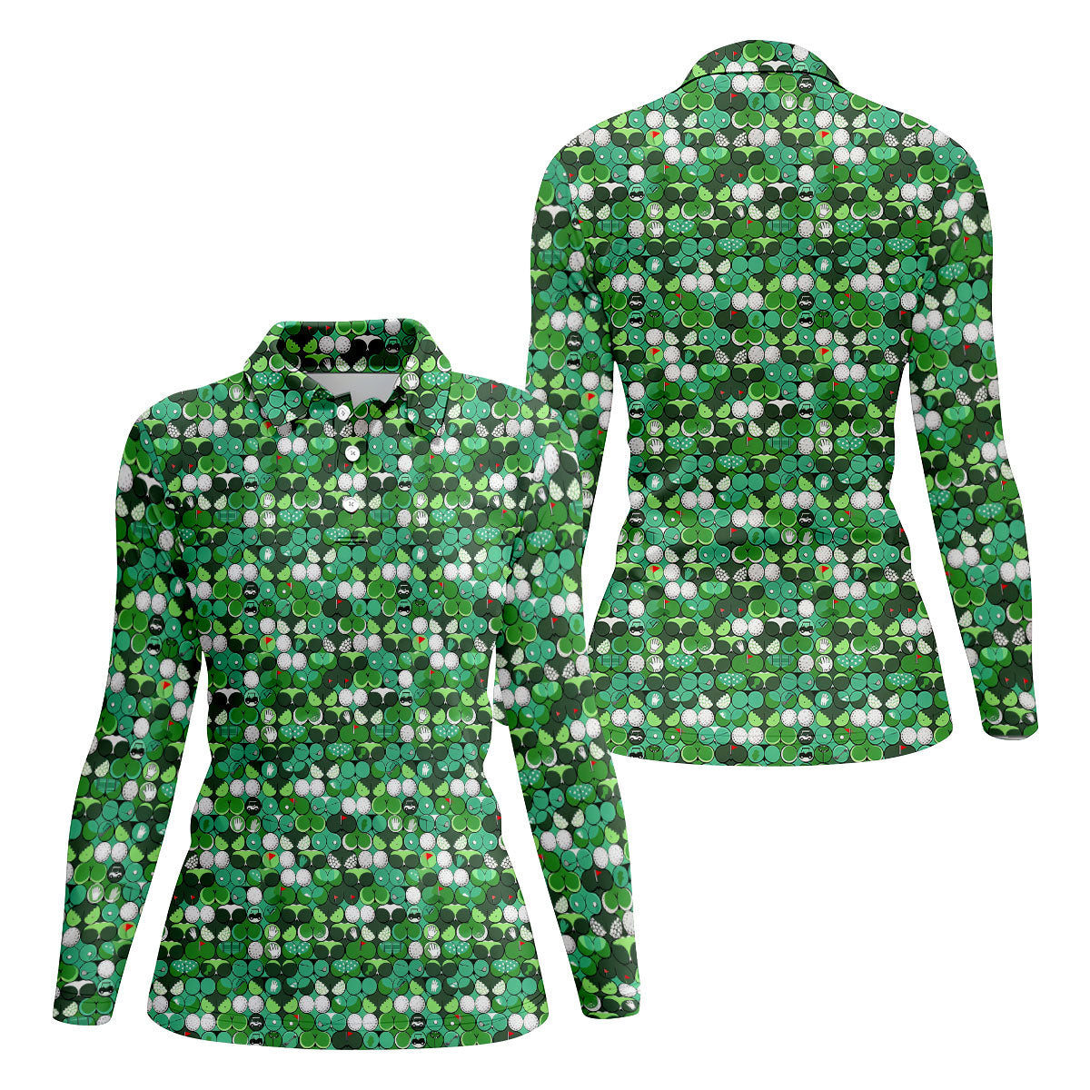 Green Golf Ball And Flag Pattern Golf Shirt, Ladies Golf Shirts , Women's Golf Tops