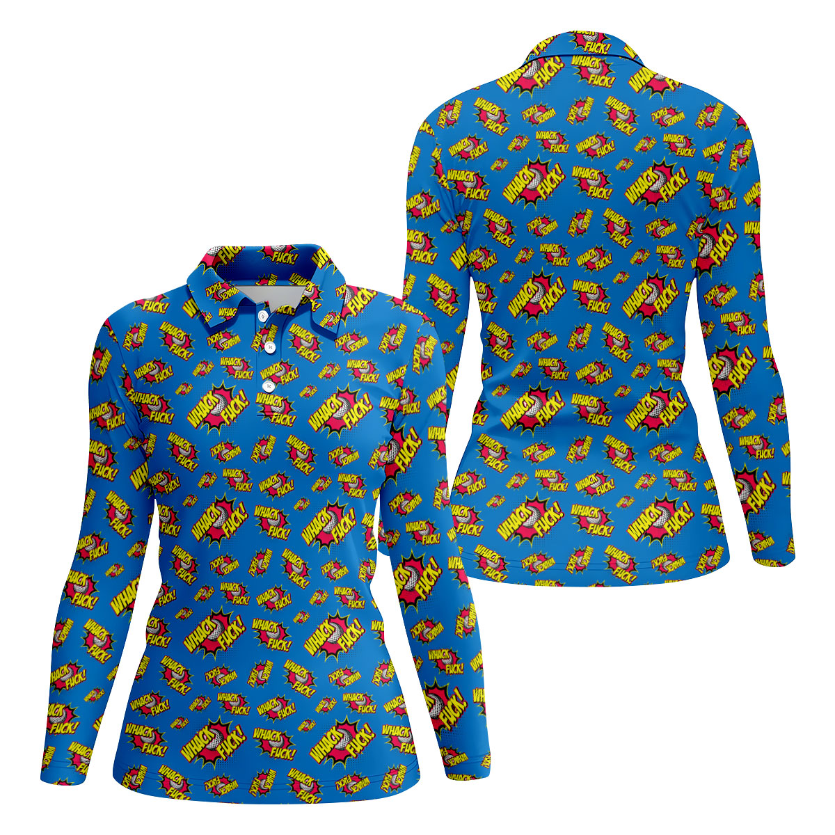 Whack F*ck Comic Golf Ball Pattern Golf Shirt, Women's Golf Tops, Golf Shirts For Women