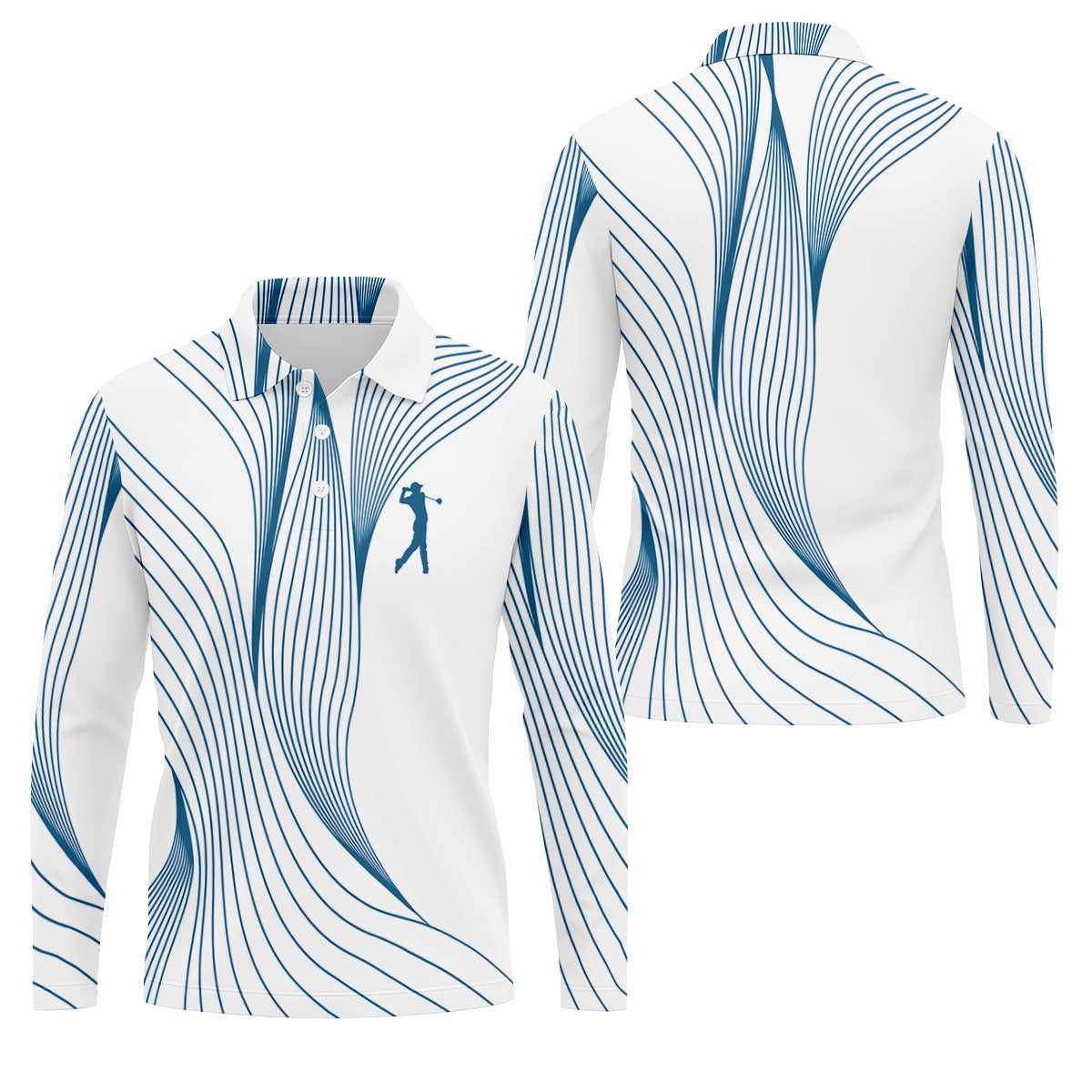 Geometric Line Wavy Line Blue And White Golf Shirts For Men, Men's Golf Shirt, Polo Shirts For Men