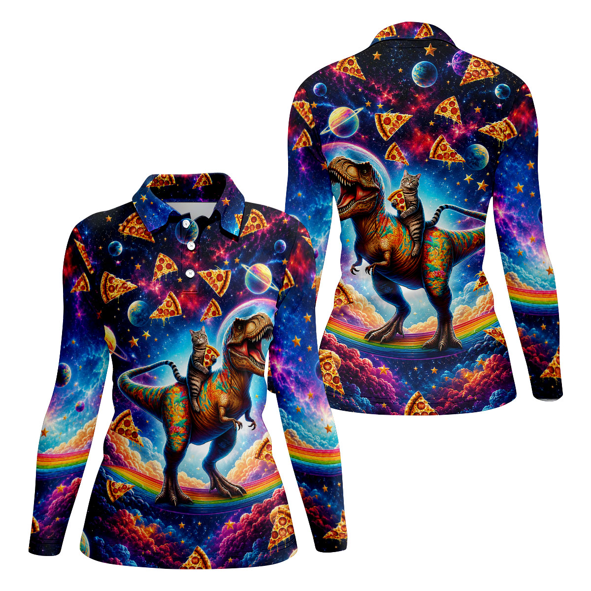 Pizza Space Cat Rainbow Dinosaur Hawaiian Golf Shirt, Women's Golf Tops, Ladies Golf Shirts