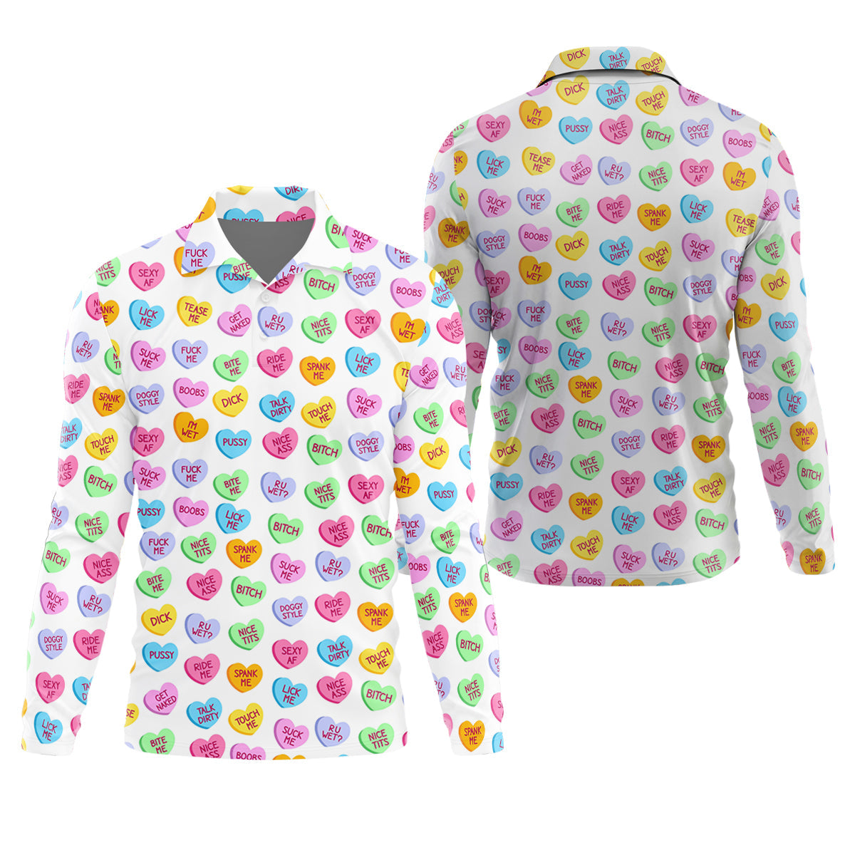 Naughty Conversation Hearts Fun Golf Shirts For Men, Valentines Golf Gift, Dirty Candy Heart Polo Shirts For Men