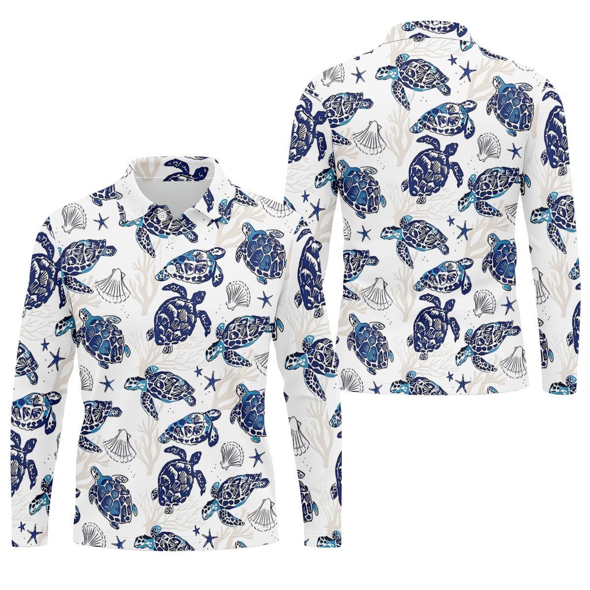 Sea Turtle, Starfish, Seashells and Coral Reef Art Hawaiian Golf Polo, Golf Tops For Men, Golfing Apparel