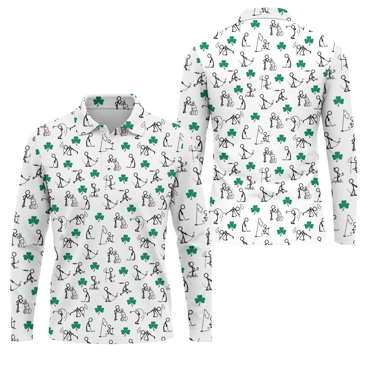 Stick Figure Golf Pose St Patrick's Day Shamrock White Golf Shirt, Polo Shirts For Men, Golf Shirts For Men