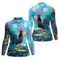 Tropical Floral Beach Scene with Ocean Surf Hawaiian Golf Polo, Golf Tops For Women, Golfing Apparel
