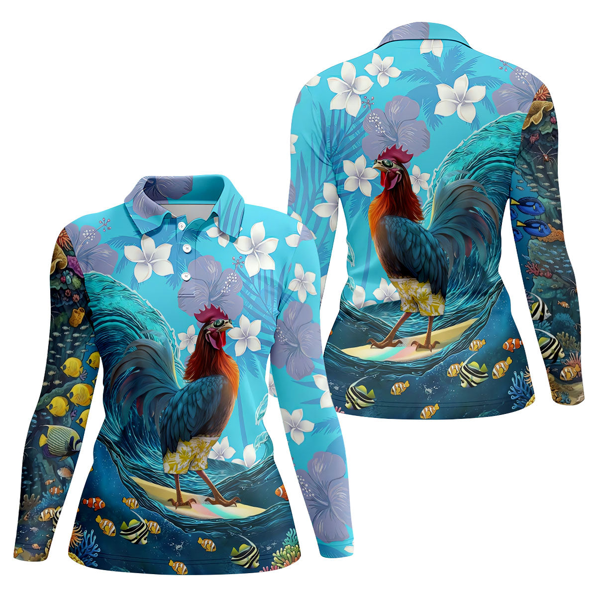 Tropical Floral Beach Scene with Ocean Surf Hawaiian Golf Polo, Golf Tops For Women, Golfing Apparel