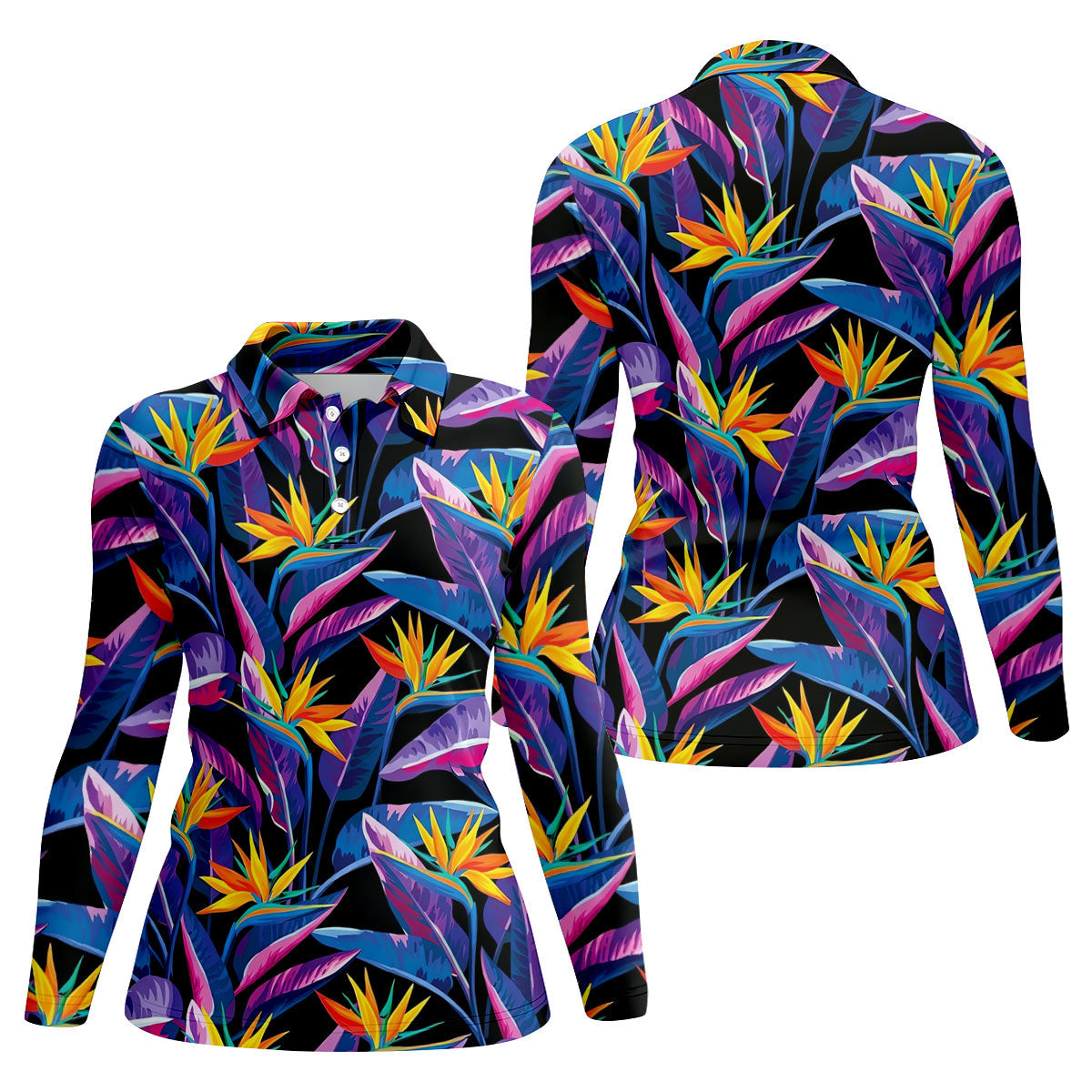Vibrant Tropical Flowers and Exotic Jungle Leaves Hawaiian Golf Polo, Golf Tops For Women, Golfing Apparel